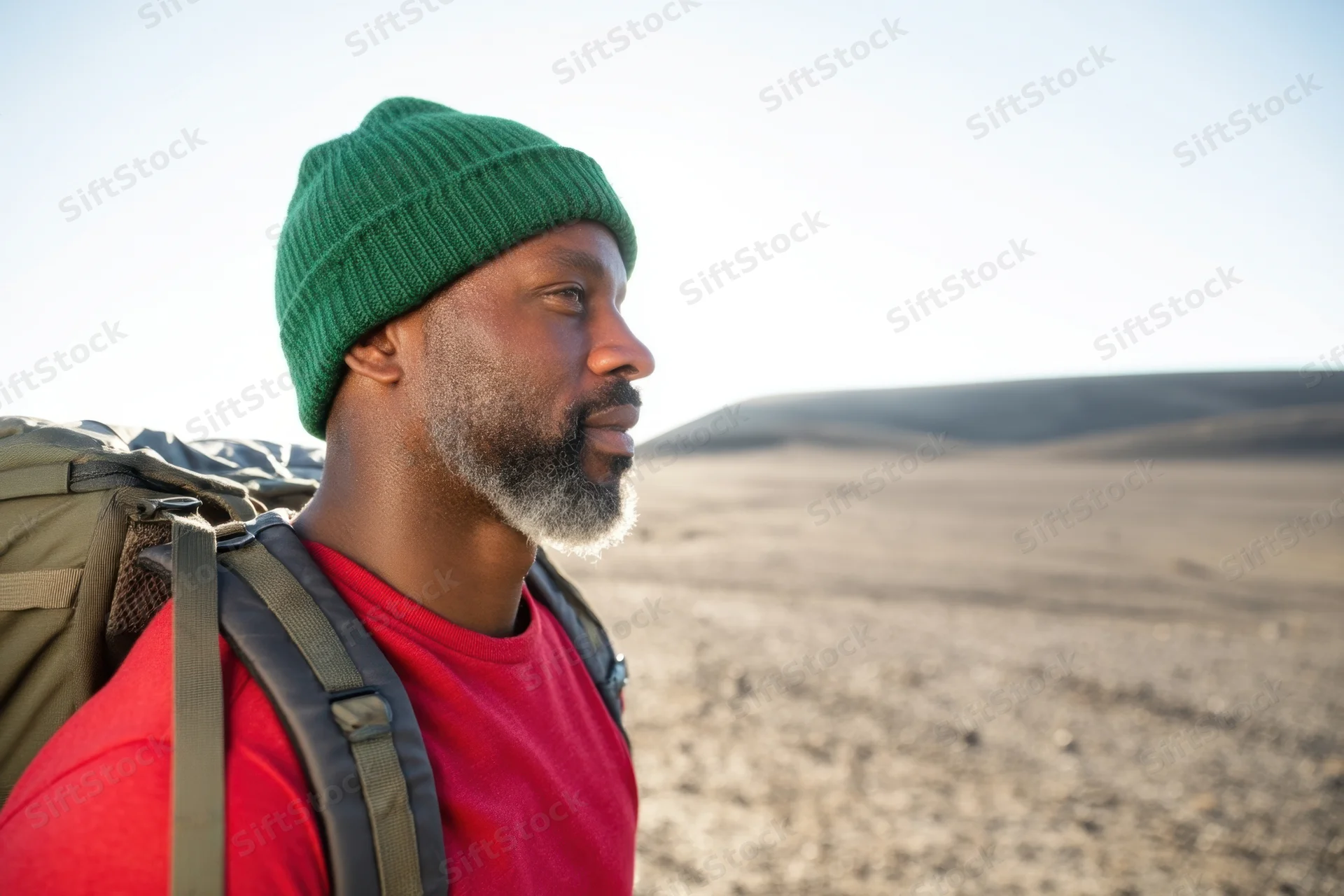 Man with backpack and green beanie in desert landscape, side profile view