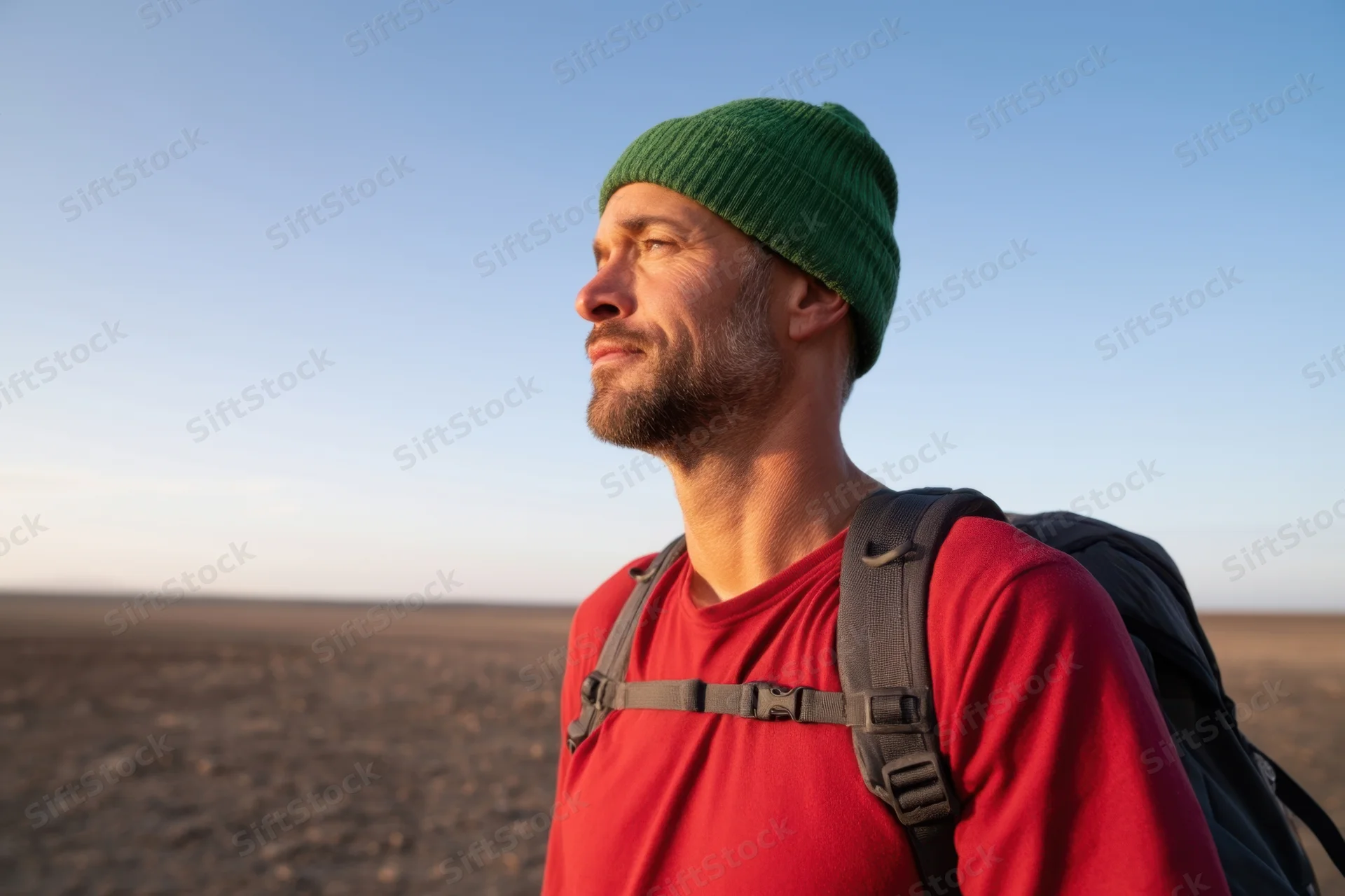 Man with backpack and green beanie standing in desert landscape under clear sky