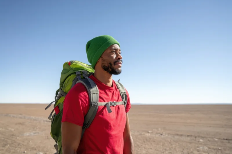 Man with backpack and green beanie standing in desert landscape under clear blue sky