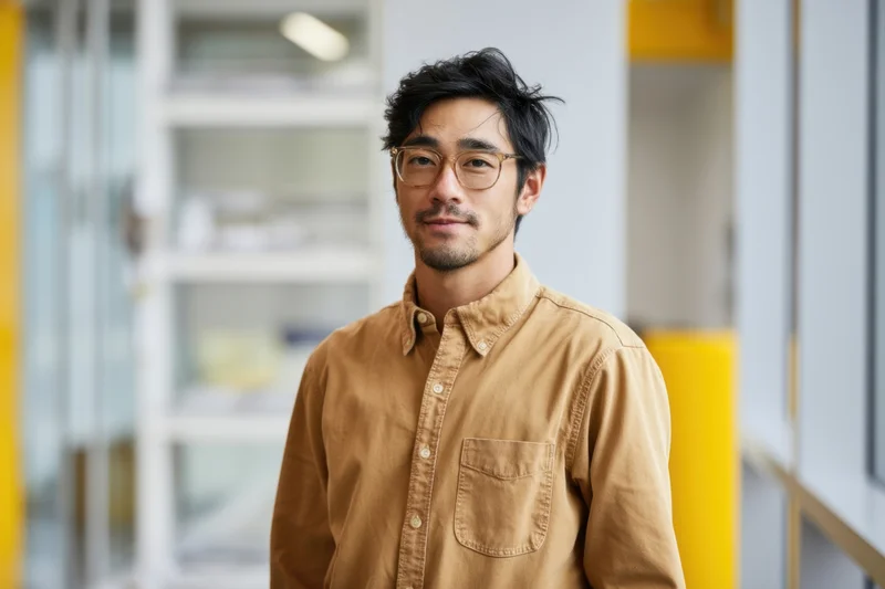 Man with glasses and tan button-down shirt standing in modern office interior