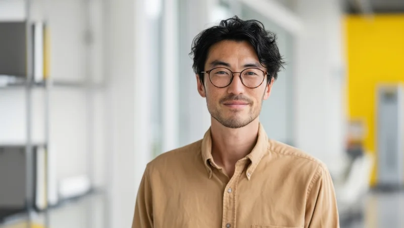 Man with glasses and tan button-down shirt smiling in office interior