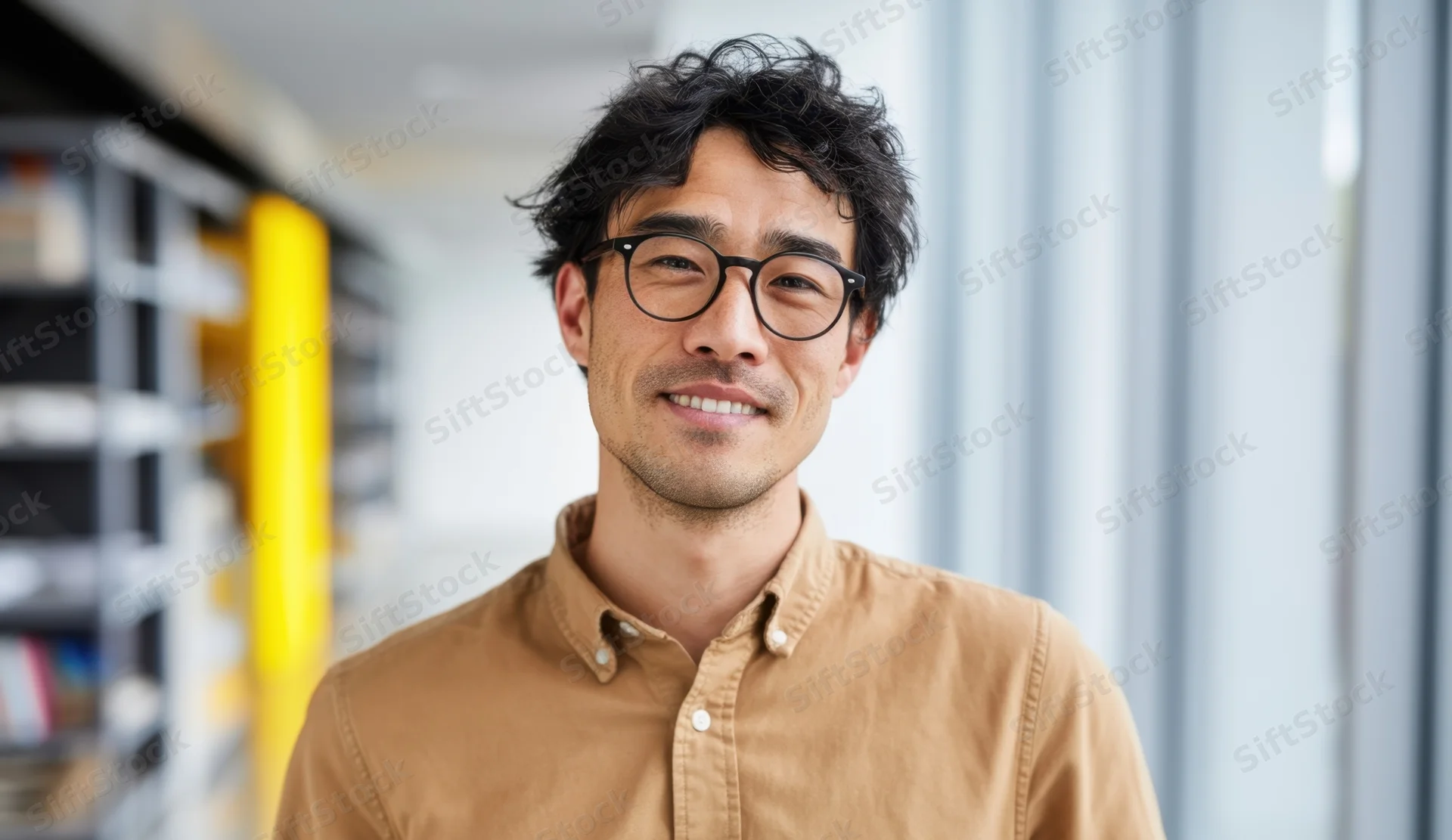 Smiling man with glasses in a modern office interior