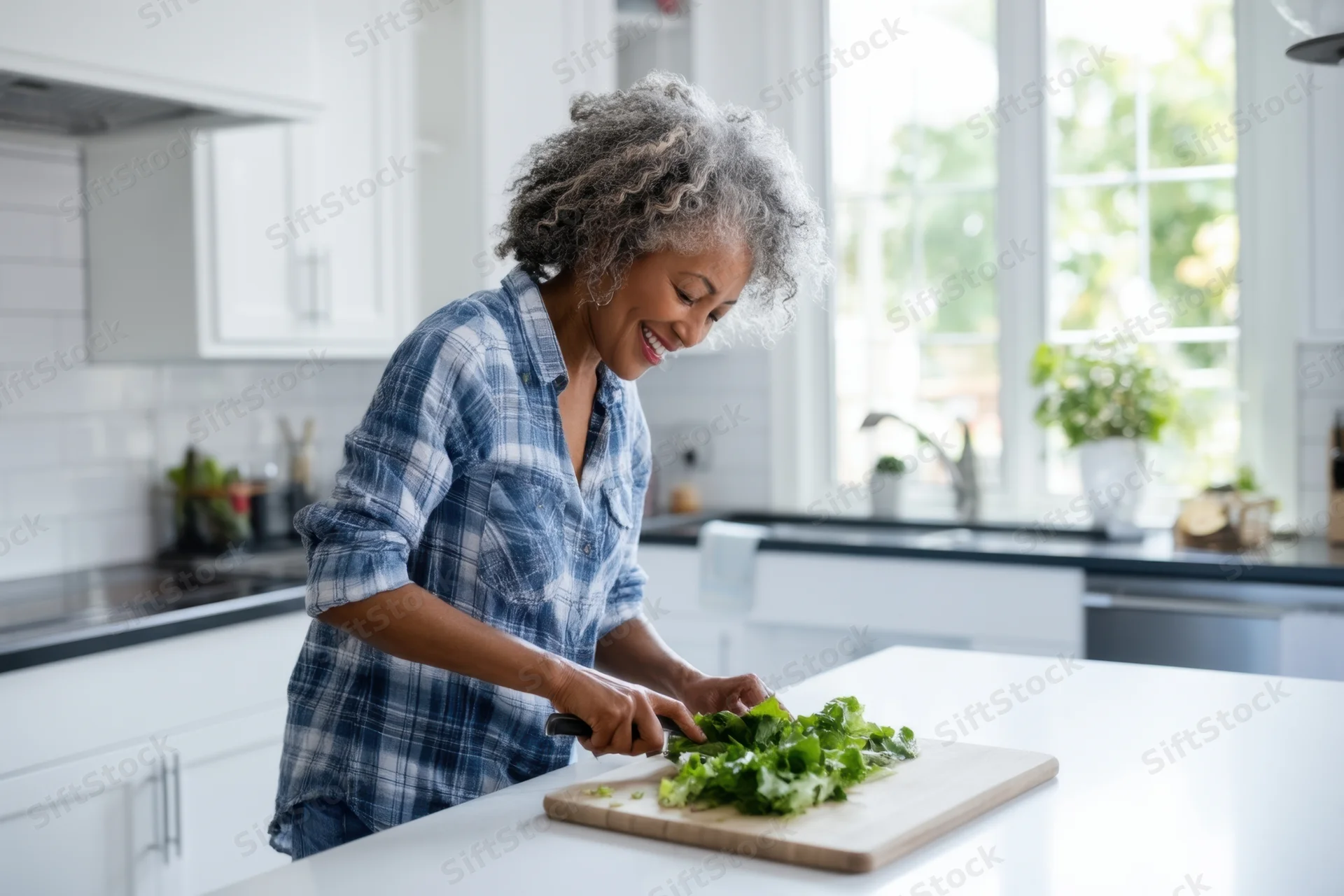Senior woman chopping fresh leafy vegetables on a wooden cutting board in a bright modern kitchen