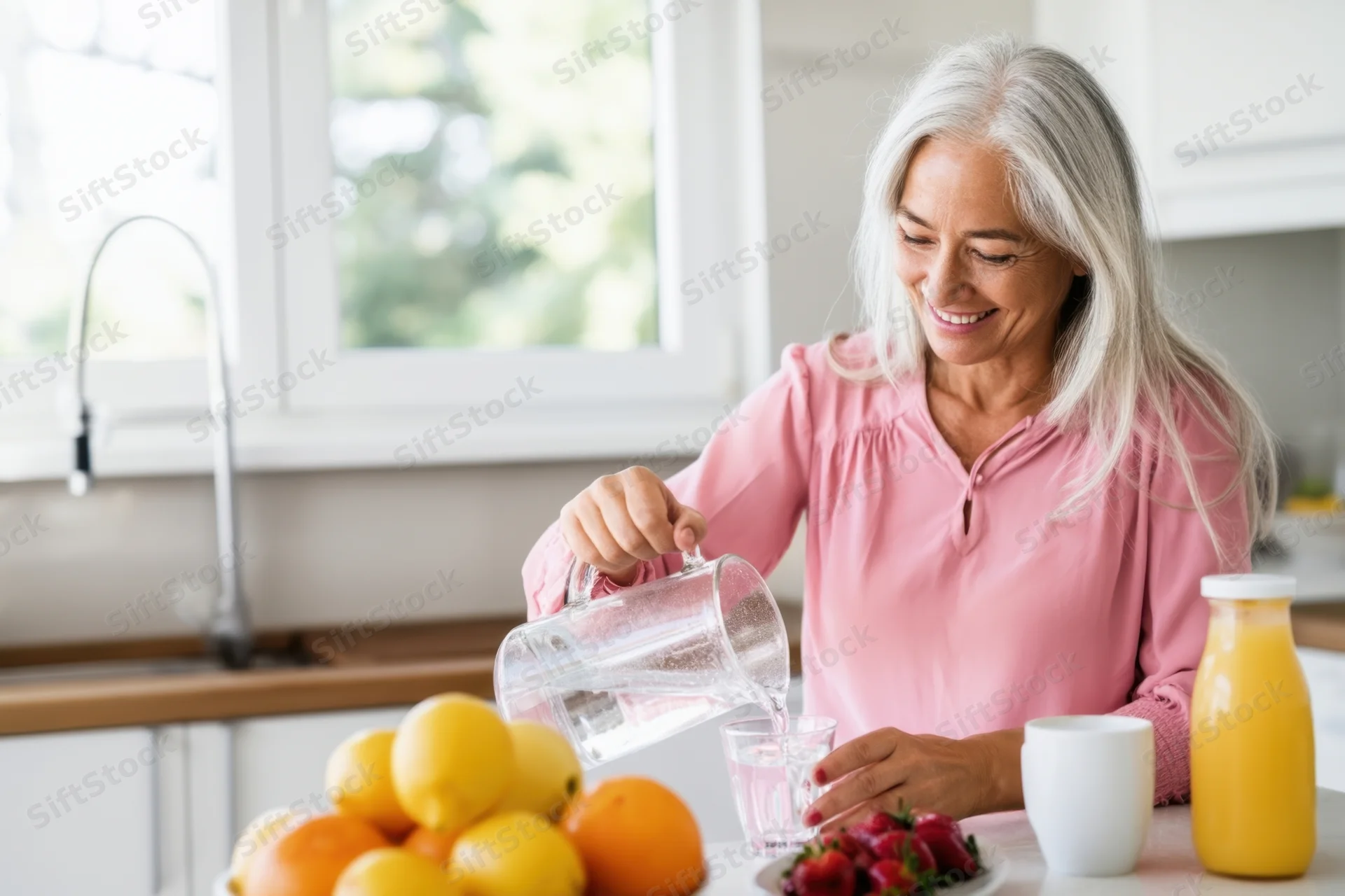 Mature woman pouring water from a clear pitcher into a glass in a bright kitchen with fruit and juice on the counter