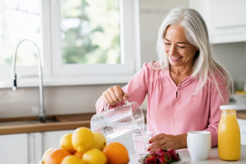 Mature woman pouring water from a clear pitcher into a glass in a bright kitchen with fruit and juice on the counter