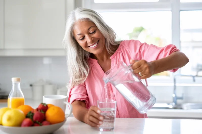 Mature woman pouring water from a glass pitcher into a glass in a bright kitchen