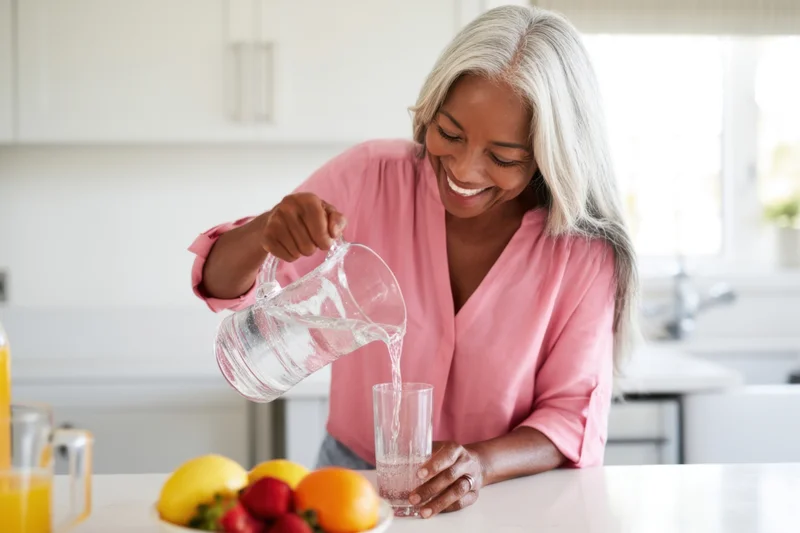 Mature woman with long silver hair pouring water from a clear pitcher into a glass in a bright kitchen