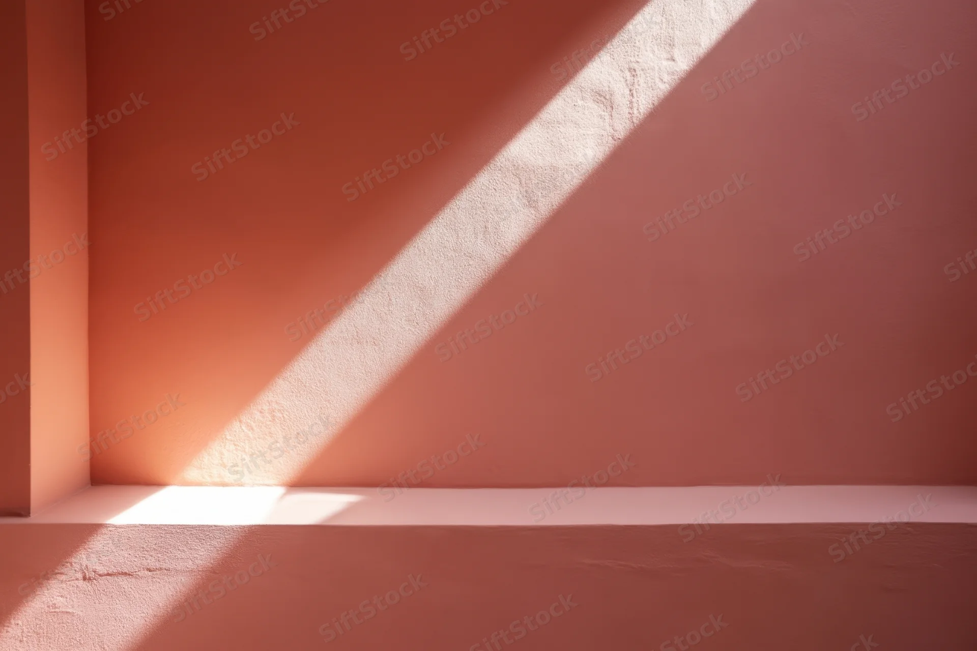 Diagonal beam of sunlight on warm pink walls in minimalist interior