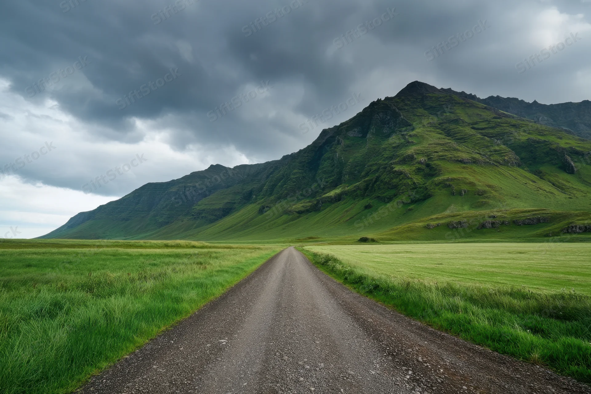 Gravel road leading through green fields toward a grassy mountain under cloudy sky