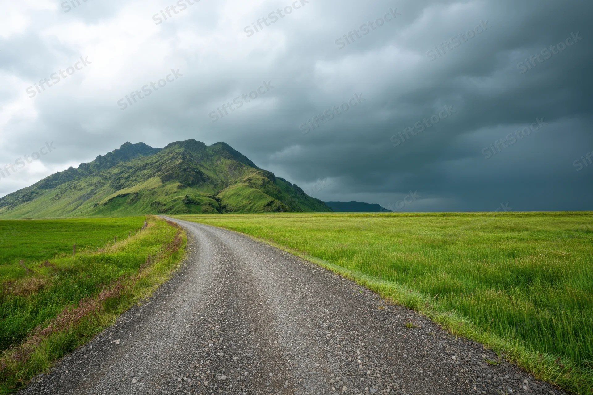 Winding gravel road through green fields toward a mountain under stormy sky