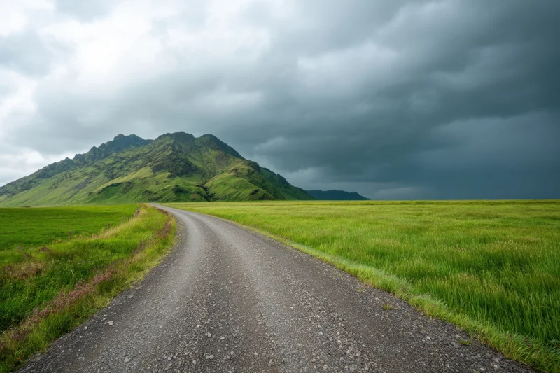 Winding gravel road through green fields toward a mountain under stormy sky