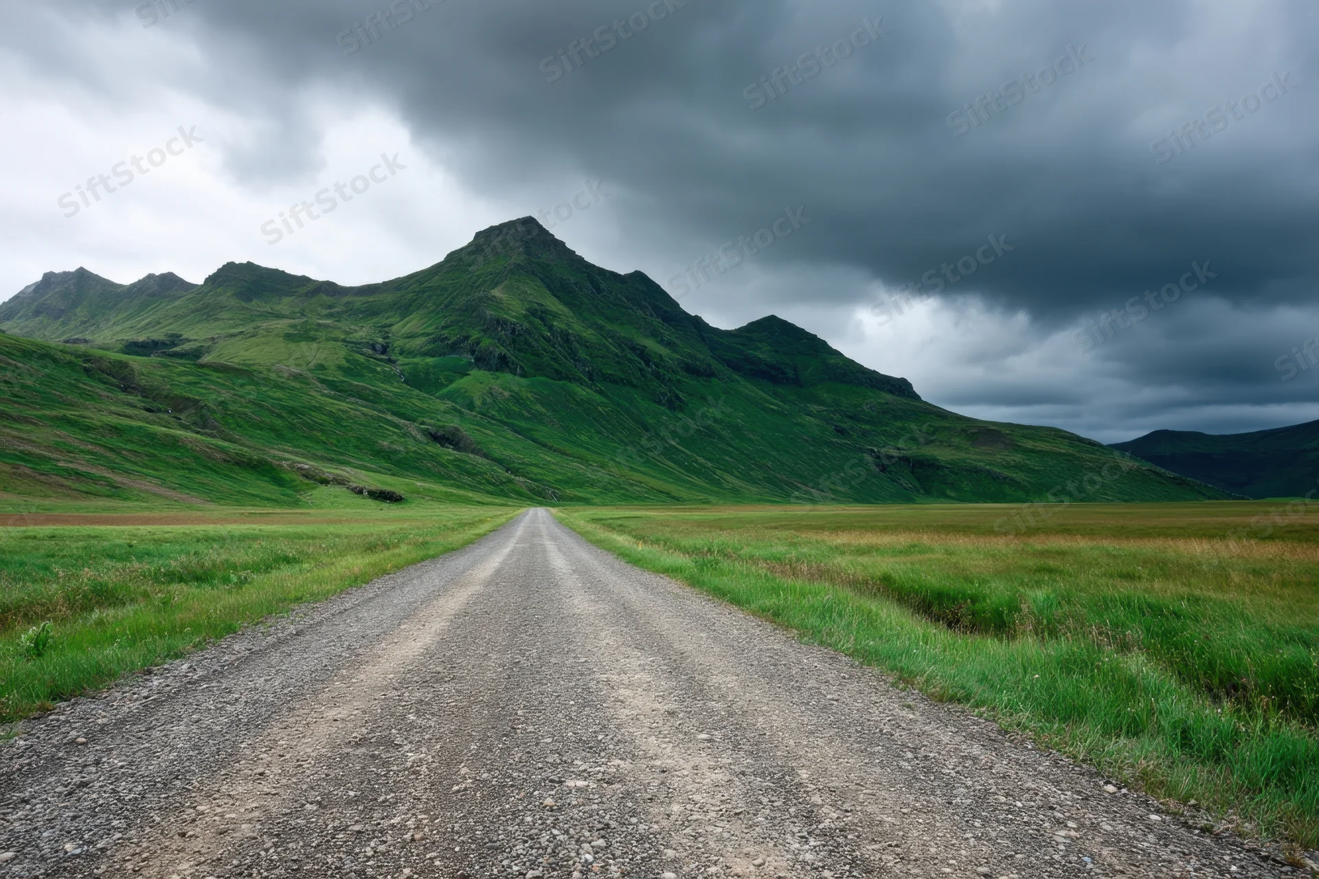Gravel road leading through green fields toward a mountain under cloudy sky