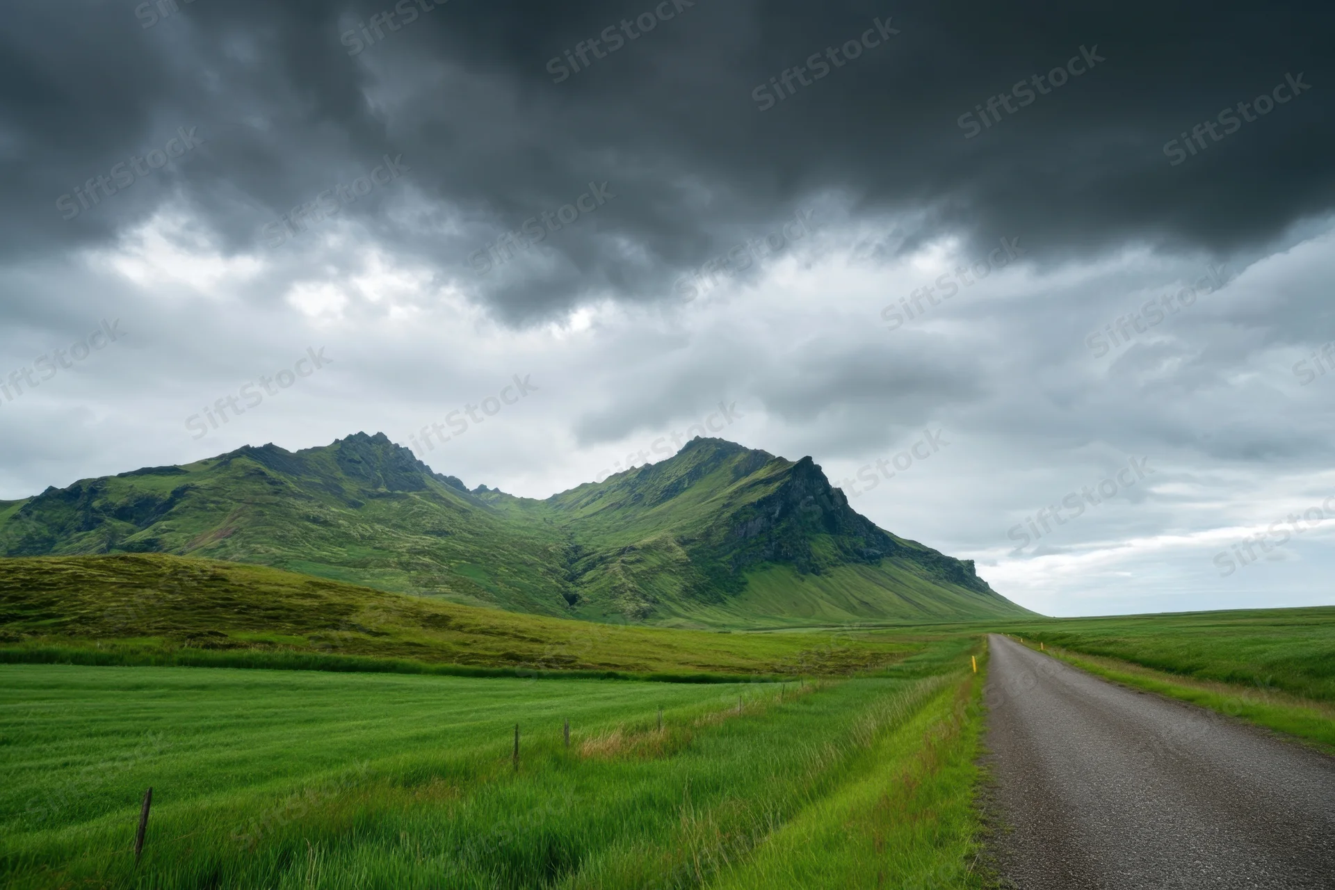 Gravel road winding through green valley under stormy sky in iceland