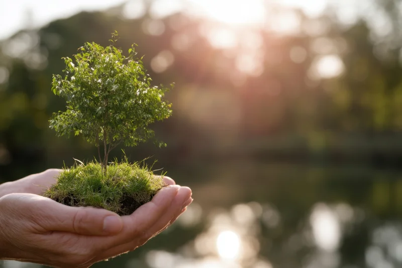 Hands cradling a small tree growing from soil and grass against a blurred natural backdrop with sunlight
