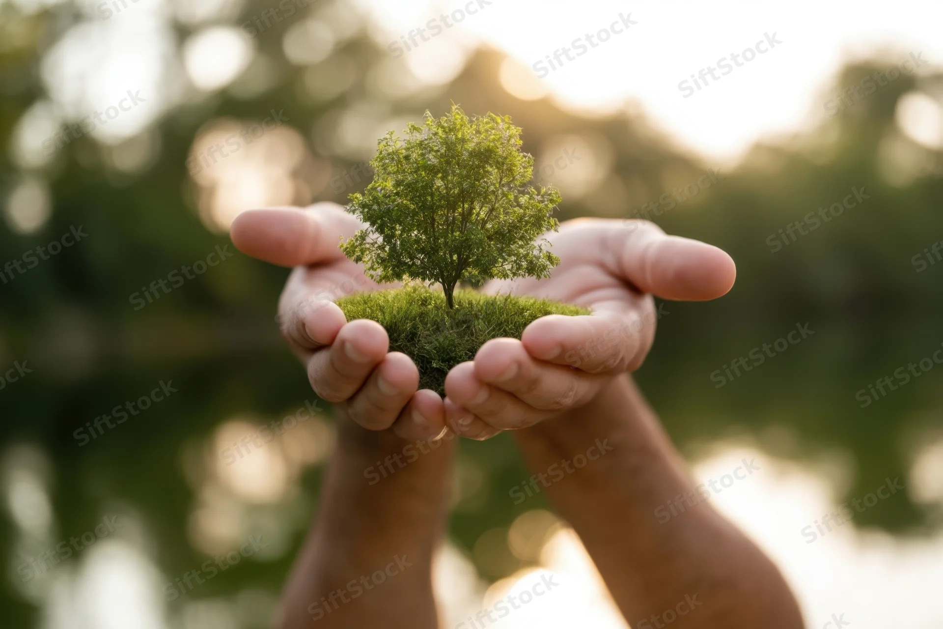 Hands cradling a small tree growing on grass in a natural outdoor setting