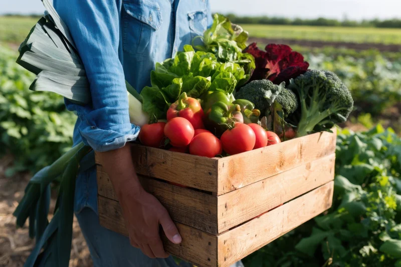 Man carrying wooden crate filled with fresh vegetables in a farm field