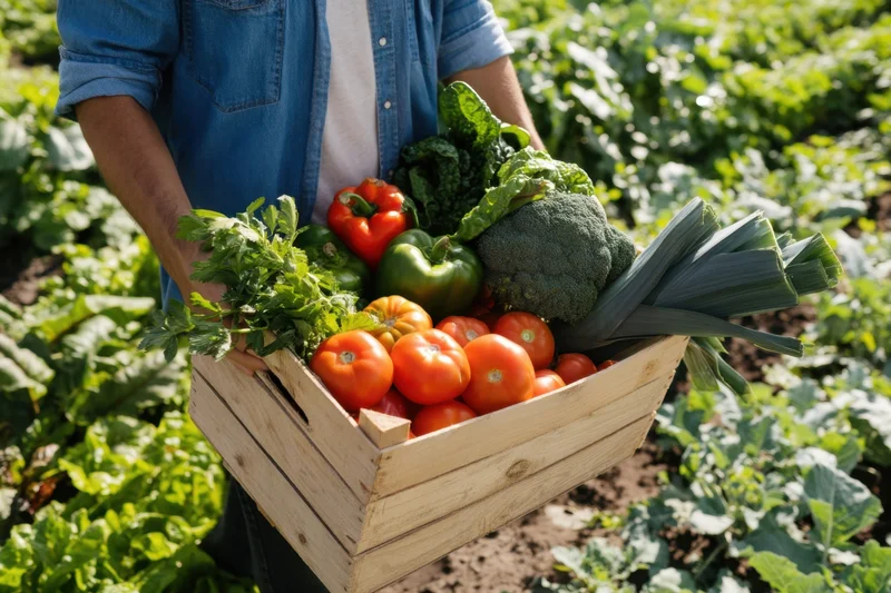 Farmer carrying wooden crate filled with fresh vegetables in a garden field