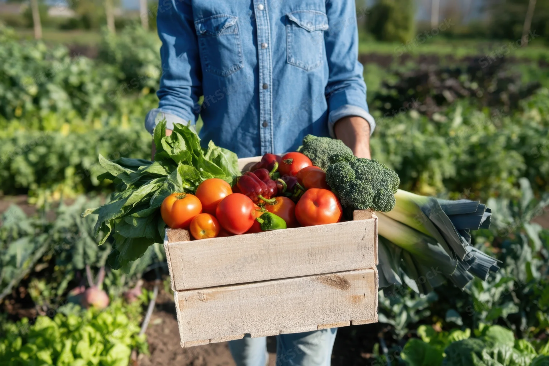 Woman holding wooden crate filled with fresh vegetables in a garden