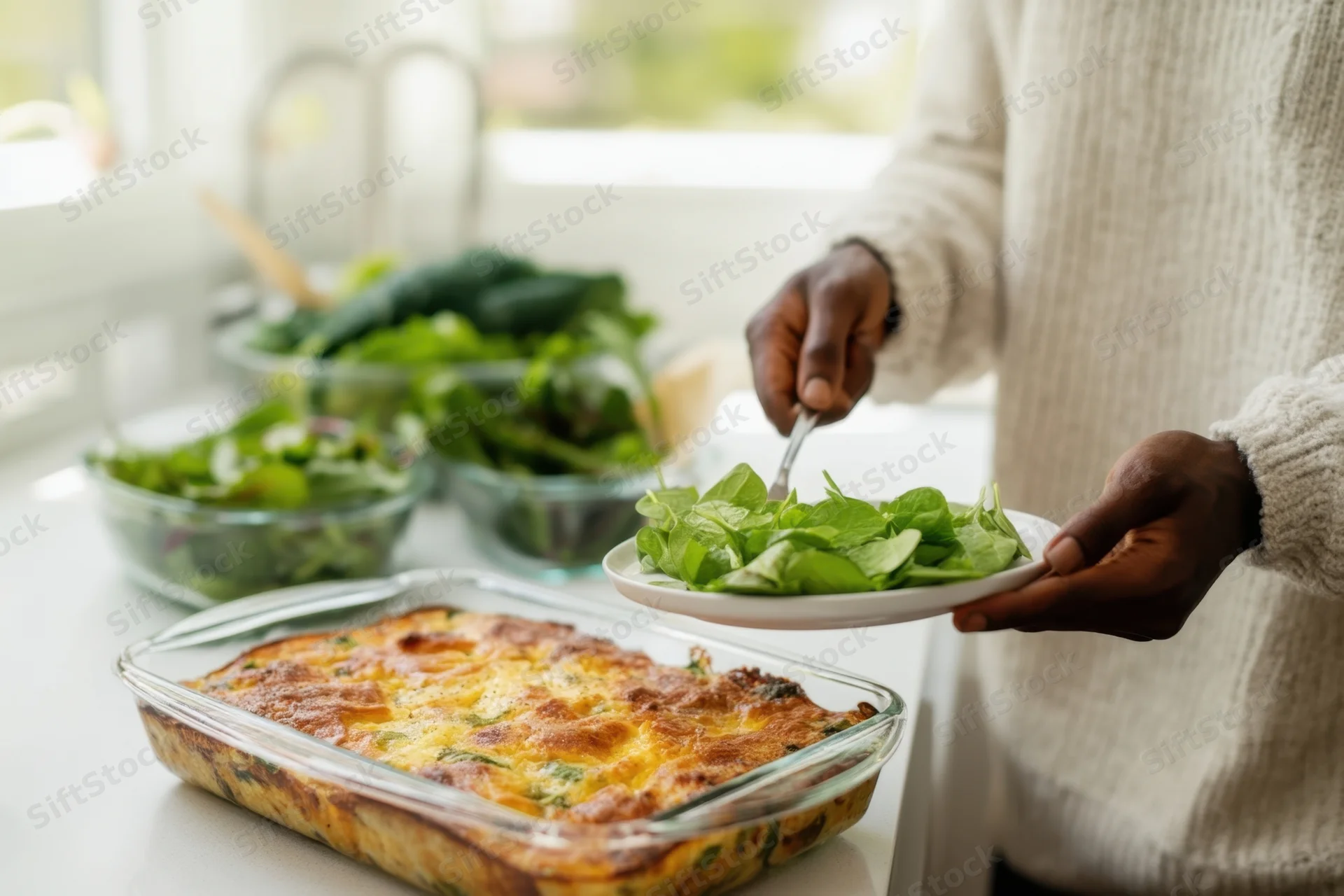 Woman serving spinach salad and baked casserole in kitchen