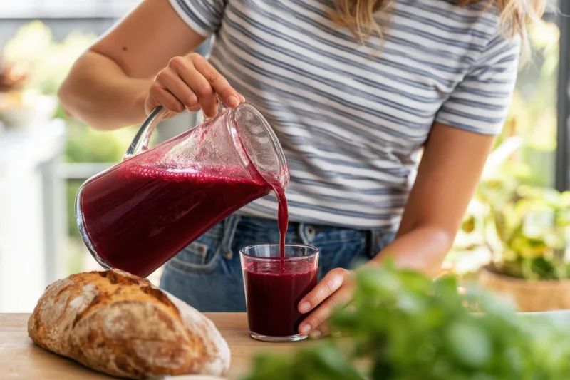 Woman pouring deep red juice from a glass pitcher into a glass on a kitchen table with bread and plants nearby