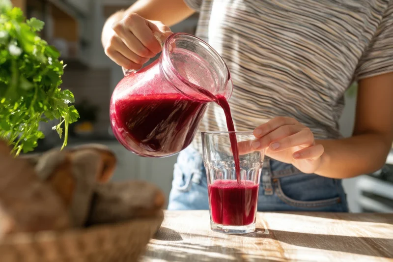 Woman pouring red juice into a glass on a wooden kitchen table