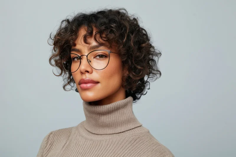 Woman with short curly hair and glasses wearing a beige turtleneck in studio portrait