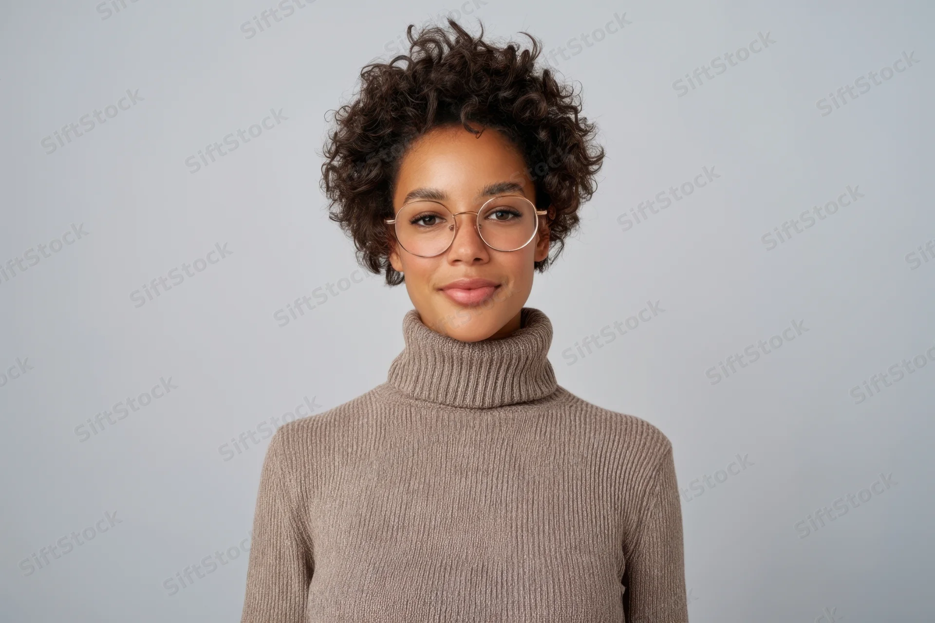 Woman with short curly hair and round glasses wearing a beige turtleneck sweater in a studio portrait