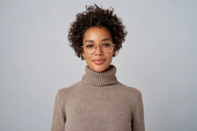 Woman with short curly hair and round glasses wearing a beige turtleneck sweater in a studio portrait