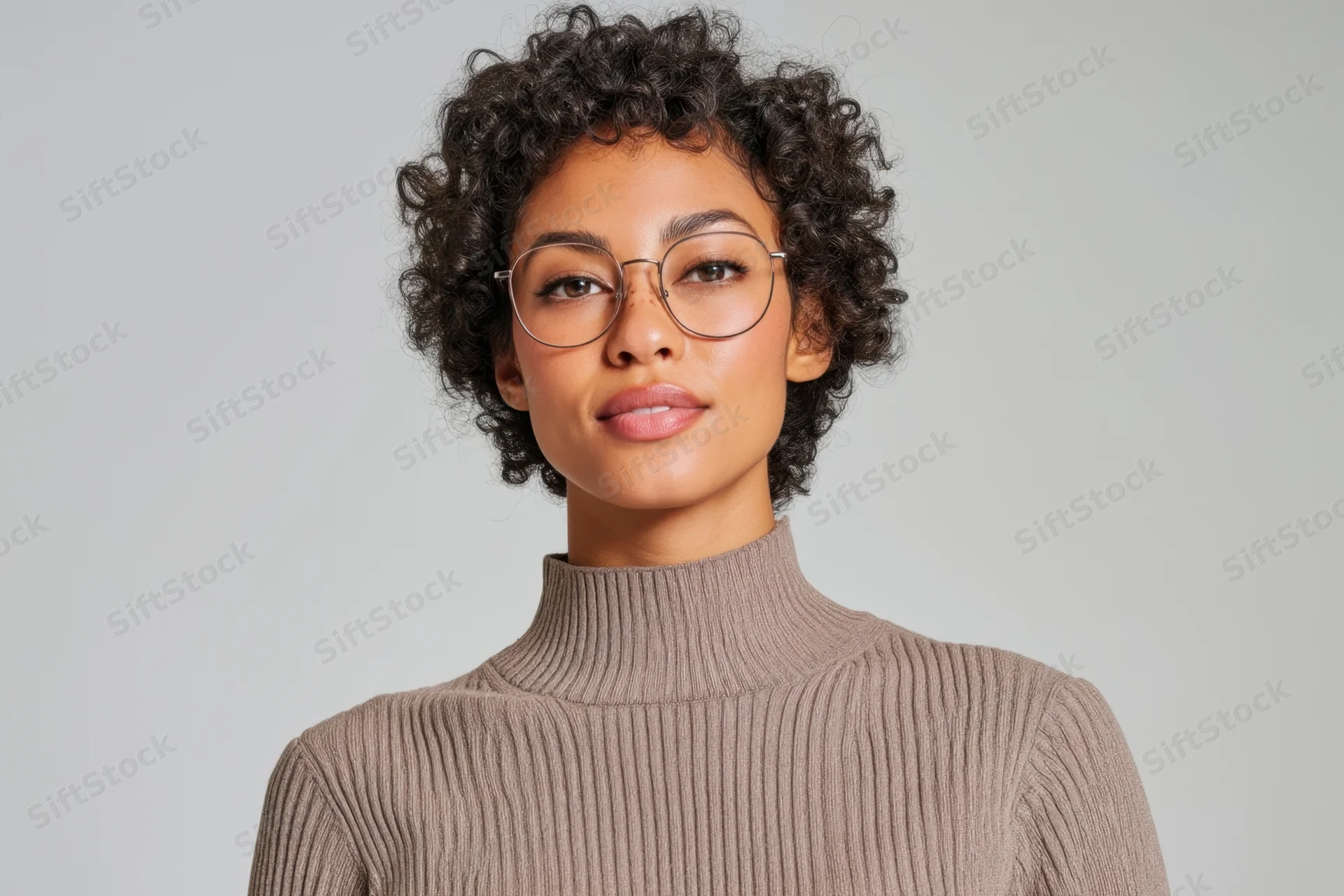 Woman with short curly hair and glasses wearing a beige ribbed turtleneck in a studio portrait