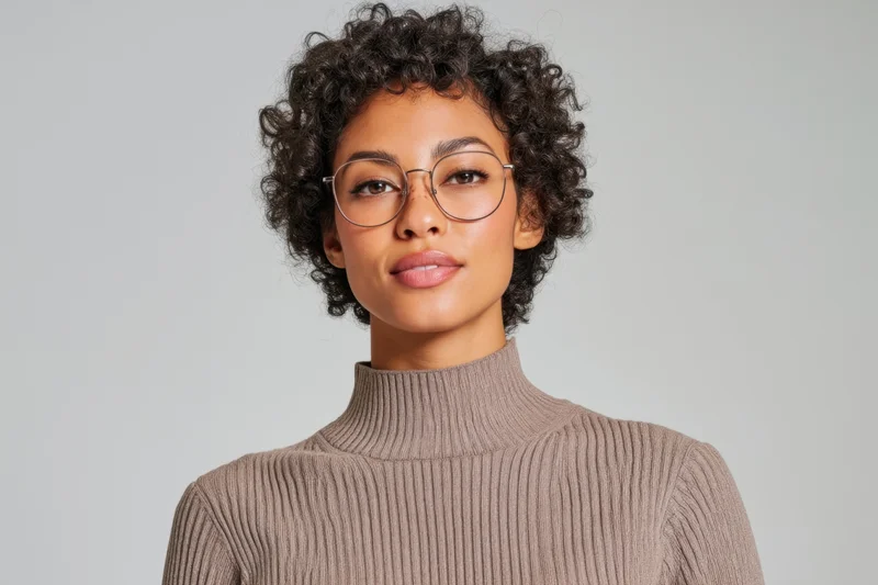 Woman with short curly hair and glasses wearing a beige ribbed turtleneck in a studio portrait