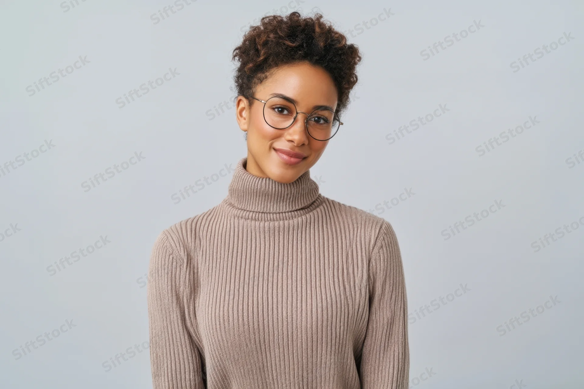 Woman with short curly hair and glasses smiling in a beige ribbed turtleneck sweater against a light gray studio background