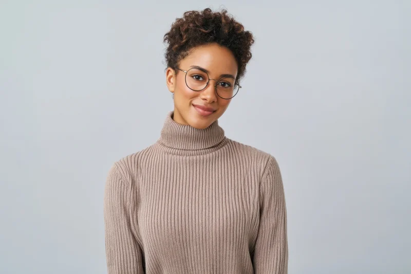Woman with short curly hair and glasses smiling in a beige ribbed turtleneck sweater against a light gray studio background