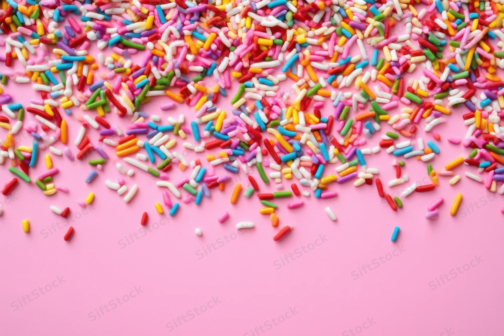 Multicolored candy sprinkles scattered across a pink surface with copyspace below