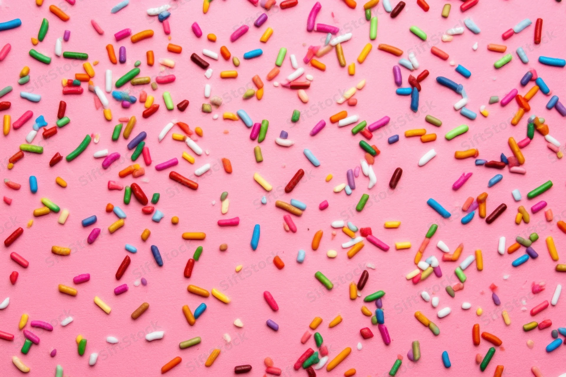 Multicolored candy sprinkles scattered across a pink background