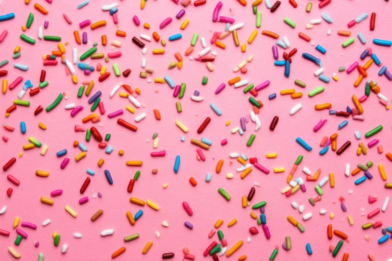 Multicolored candy sprinkles scattered across a pink background