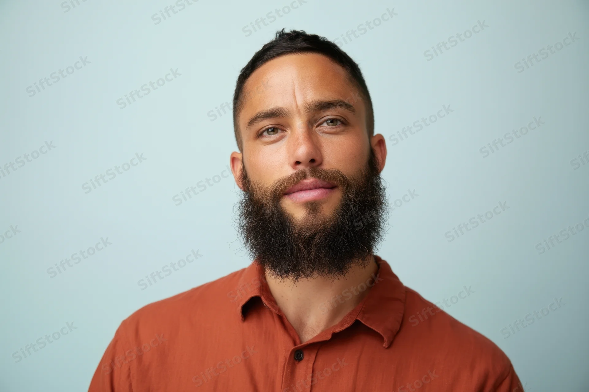 Man with full beard and short dark hair wearing orange collared shirt, looking directly at camera against light blue background