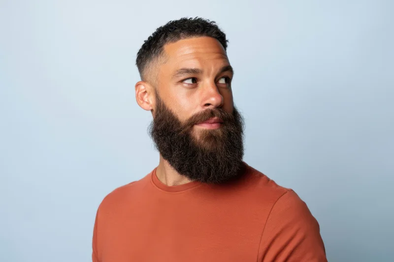 Man with full beard and short dark hair in orange tshirt looking away in studio setting