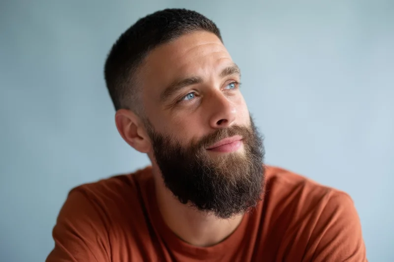 Man with full beard and short dark hair looking upward in contemplative expression wearing orange tshirt