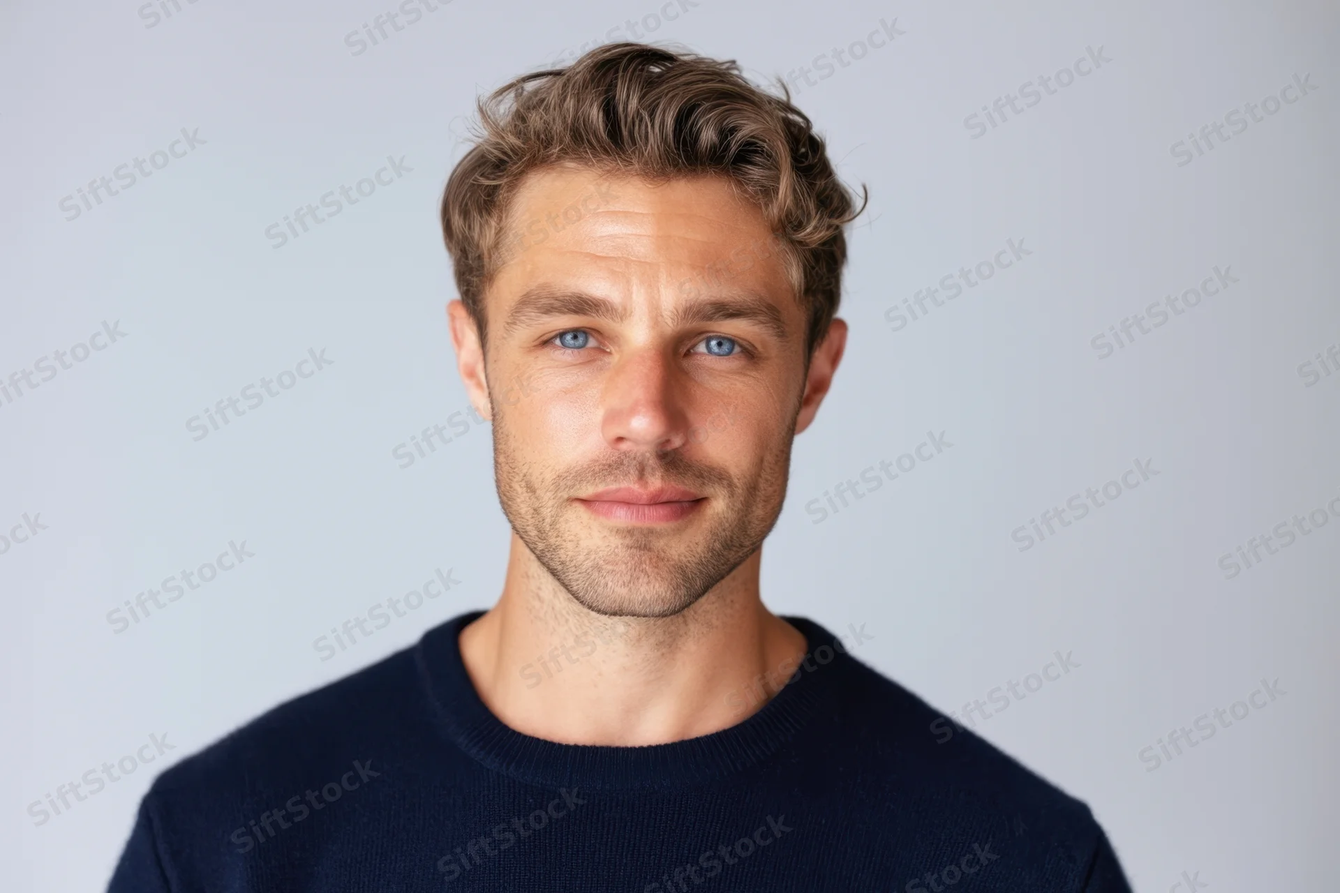 Man with light brown hair and blue eyes looking directly at camera in studio portrait