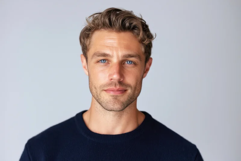 Man with light brown hair and blue eyes looking directly at camera in studio portrait