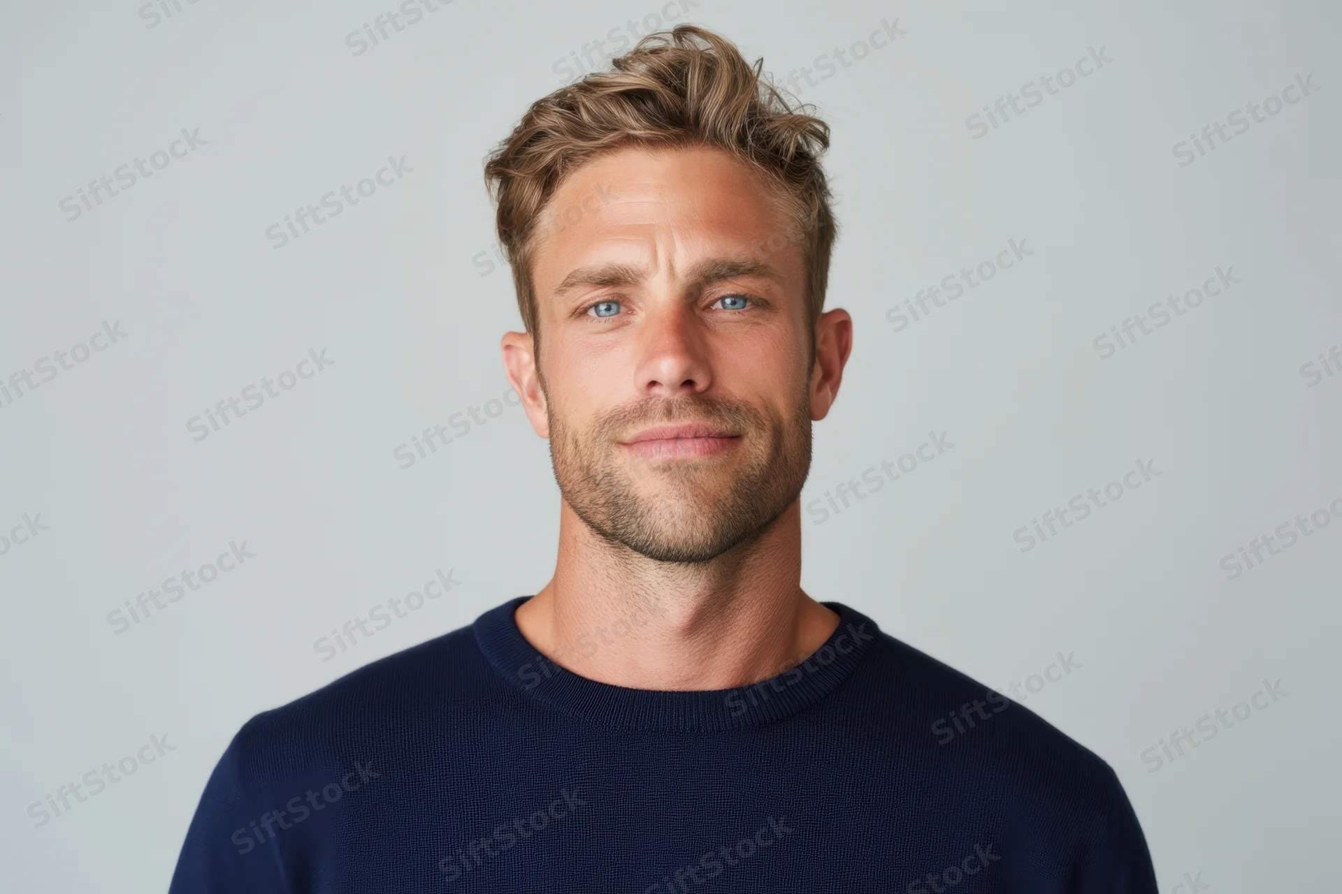 Man with light brown hair and blue eyes smiling in a navy sweater against a white background