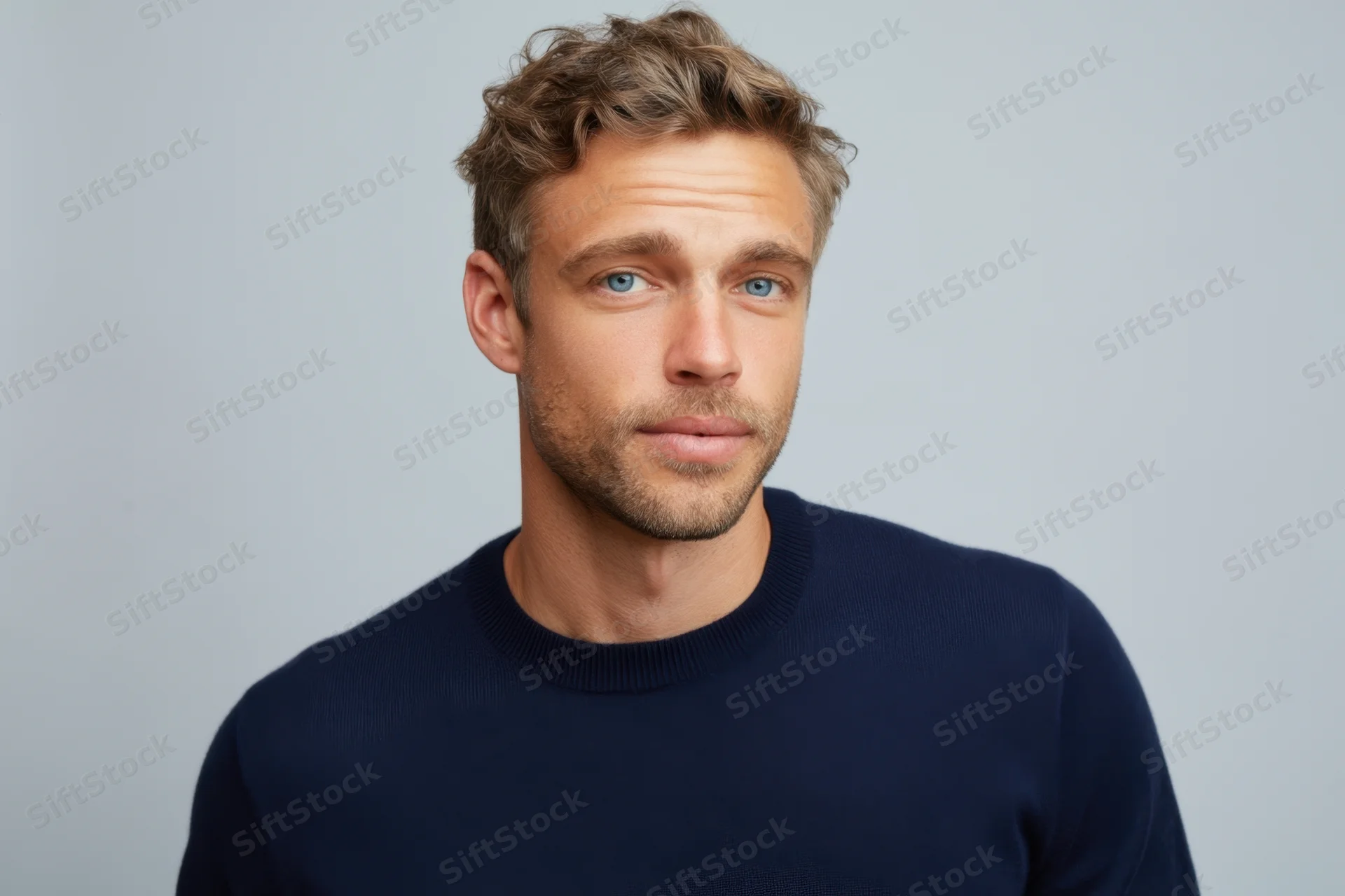 Man with light brown hair and blue eyes in navy sweater looking directly at camera in studio setting