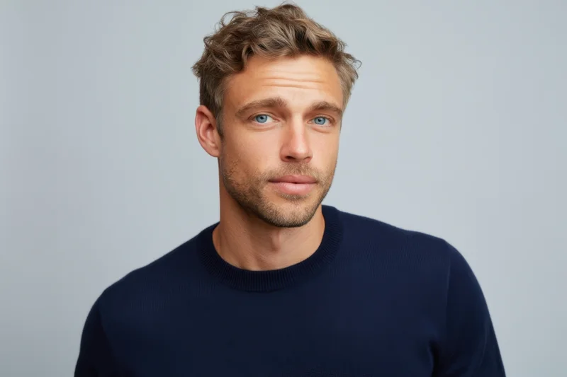 Man with light brown hair and blue eyes in navy sweater looking directly at camera in studio setting