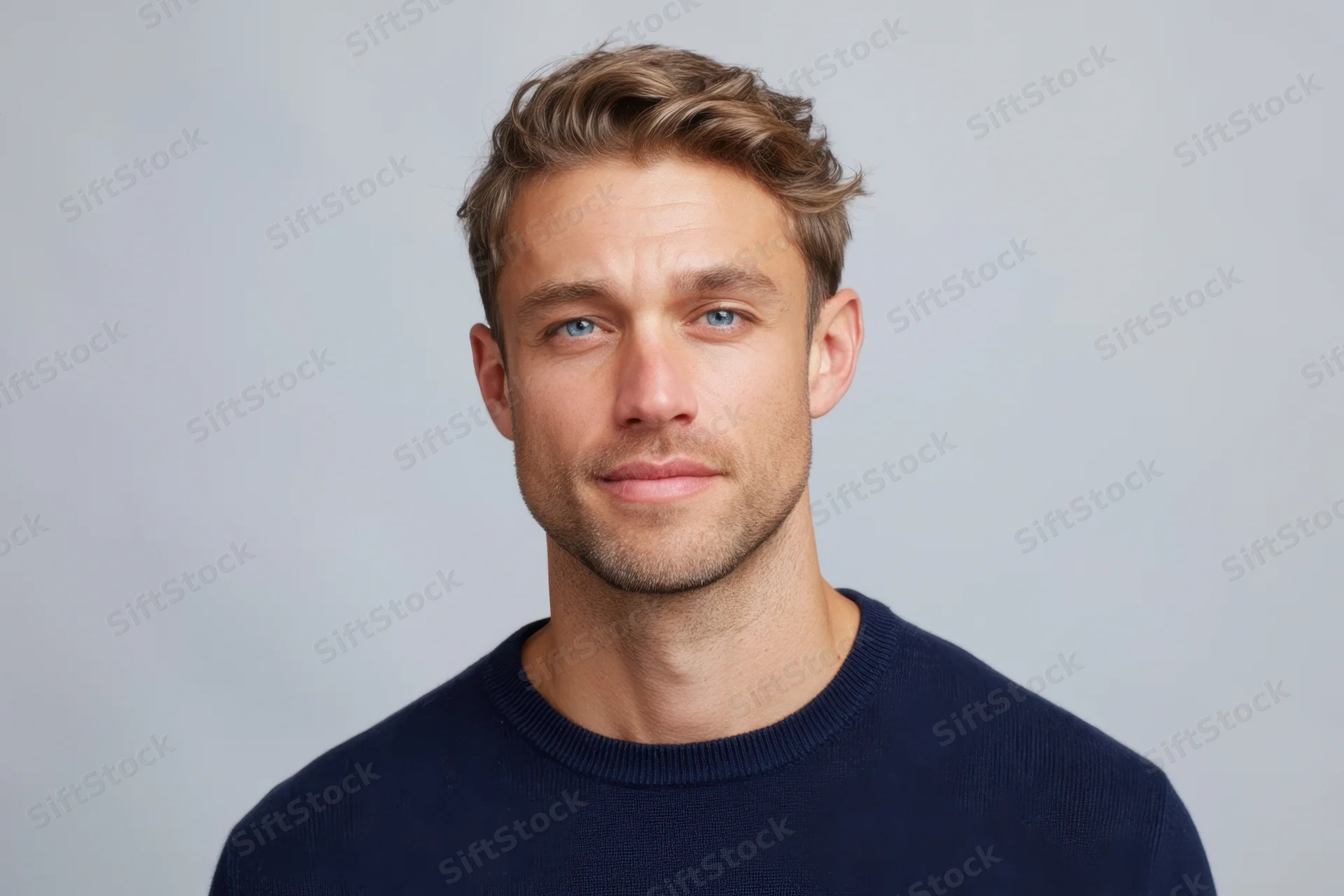 Man with light brown hair and blue eyes smiling directly at camera in studio setting wearing navy knit sweater