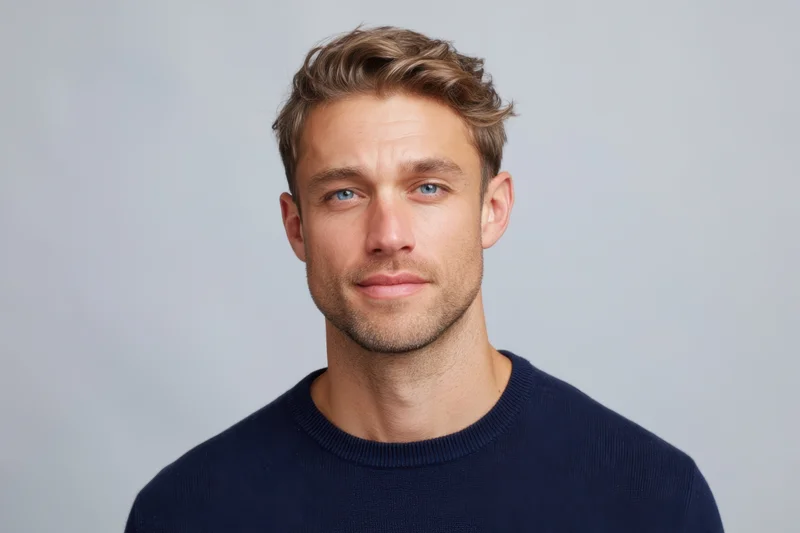 Man with light brown hair and blue eyes smiling directly at camera in studio setting wearing navy knit sweater