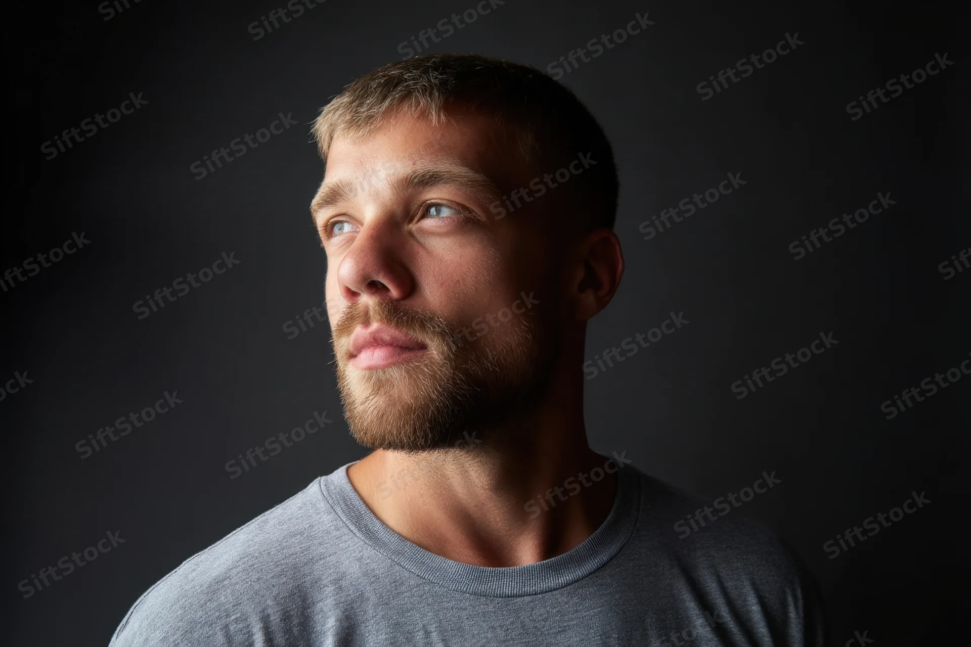 Young man in profile with thoughtful expression against dark background wearing gray tshirt
