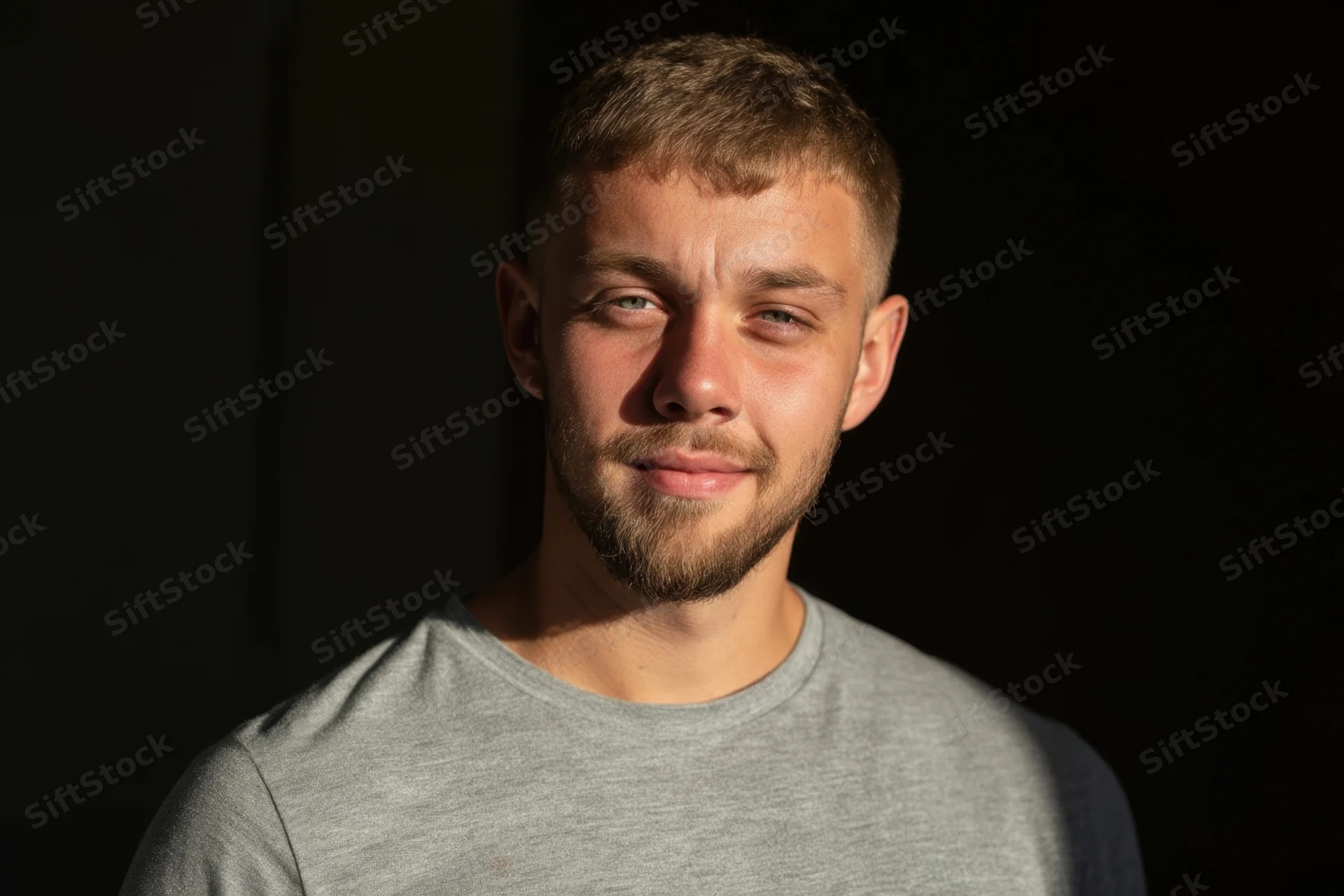 Young man smiling in soft light against dark background wearing gray tshirt