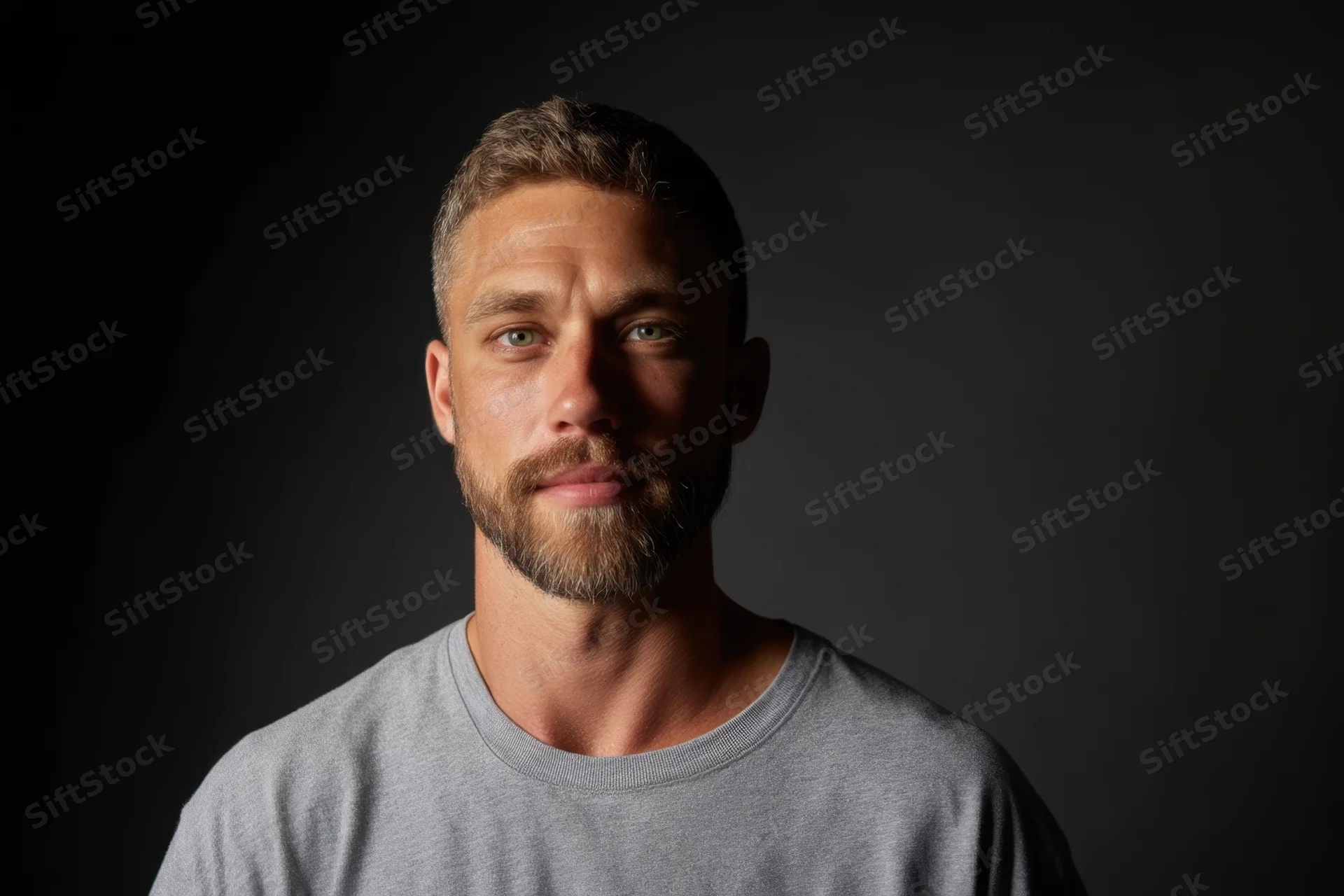 Young man with short light brown hair and beard in gray t-shirt looking directly at camera against dark background