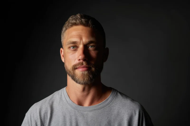 Young man with short light brown hair and beard in gray t-shirt looking directly at camera against dark background