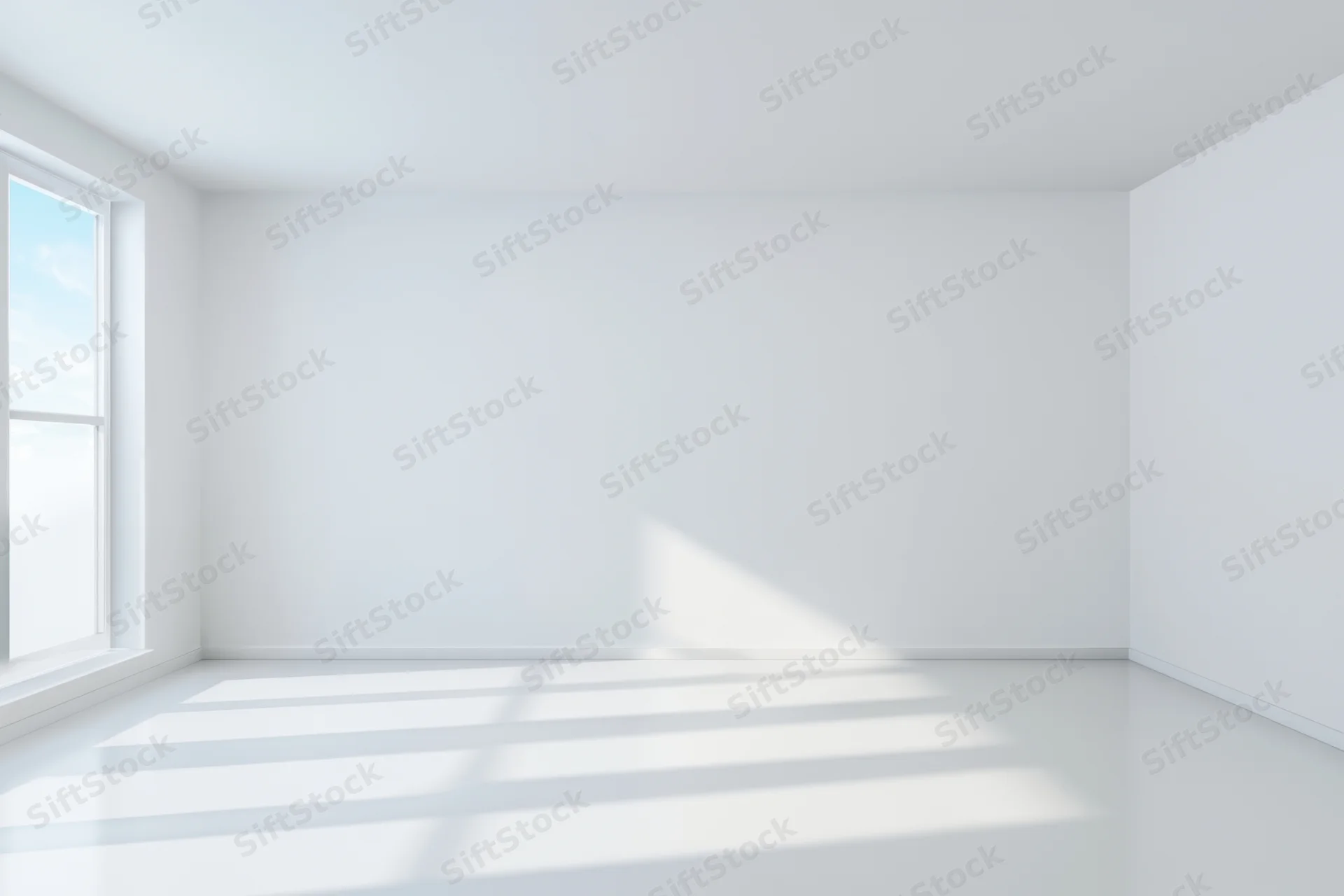 Empty white minimalist room with sunlight streaming through window casting shadows on floor
